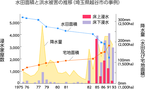 グラフ：水田面積と洪水被害の推移（埼玉県越谷市の事例）